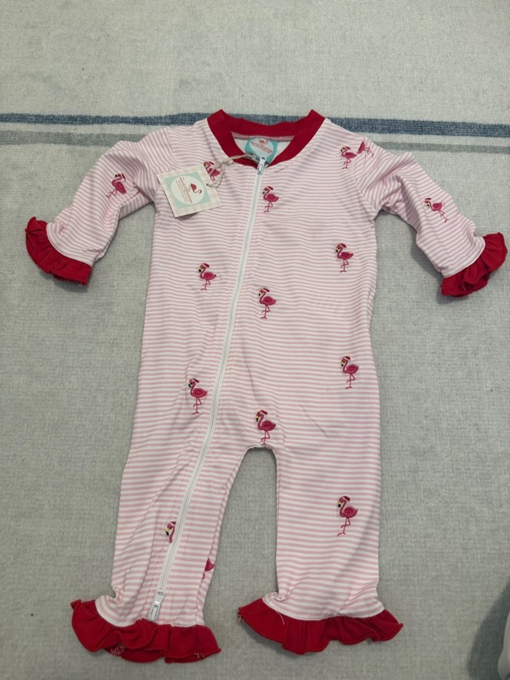 Girls Pink Flamingo Stripe Zip Footie with Red Ruffle Trim